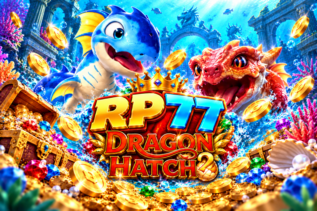 Game Dragon Hatch 2 RP77 dengan naga biru dan merah, koin emas, terumbu karang berwarna-warni, dan harta karun bawah laut