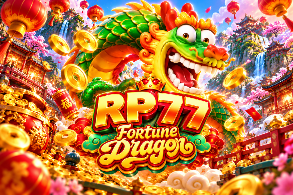 Game Fortune Dragon RP77 dengan naga hijau, koin emas, lentera merah, dan kuil Tiongkok