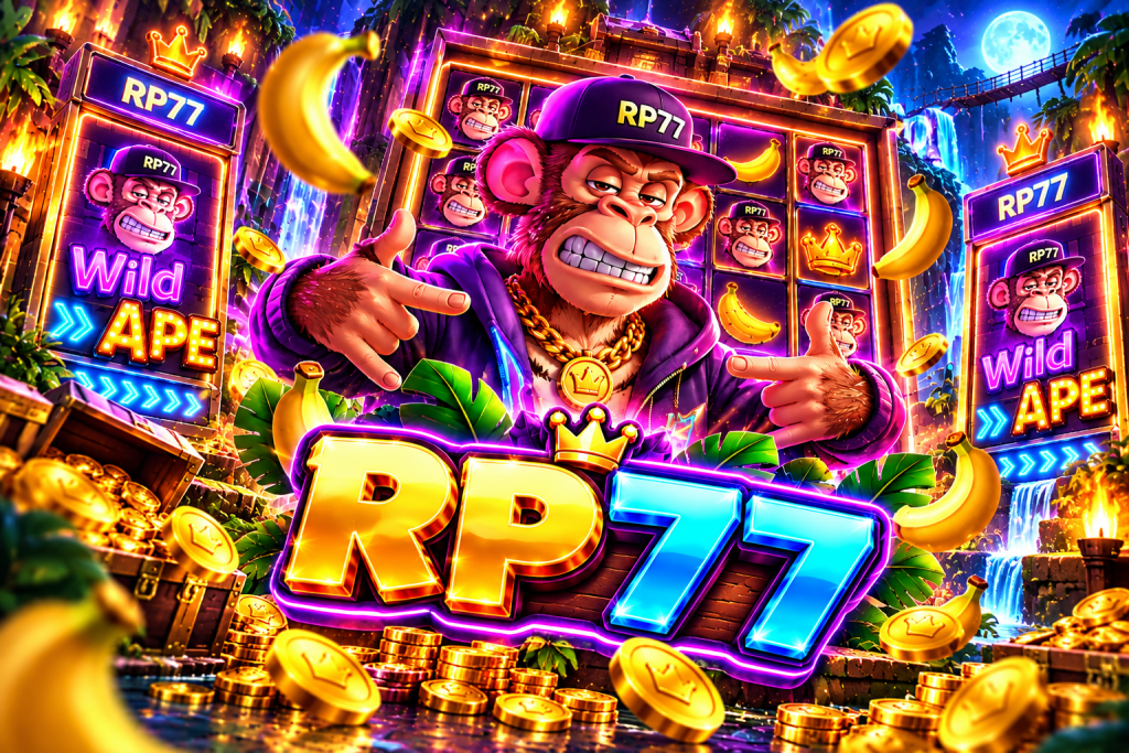 Game Wild Ape RP77 dengan karakter monyet, pisang, koin emas, dan suasana neon hutan