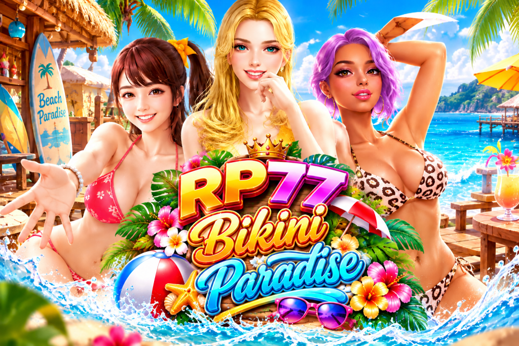 RP77 Bikini Paradise dengan tiga wanita di pantai tropis, laut biru, pohon palem, dan suasana musim panas
