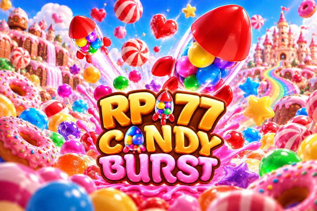 RP77 Candy Burst with candy rockets, colorful sweets, pink syrup, rainbow paths, and a fantasy candy castle
