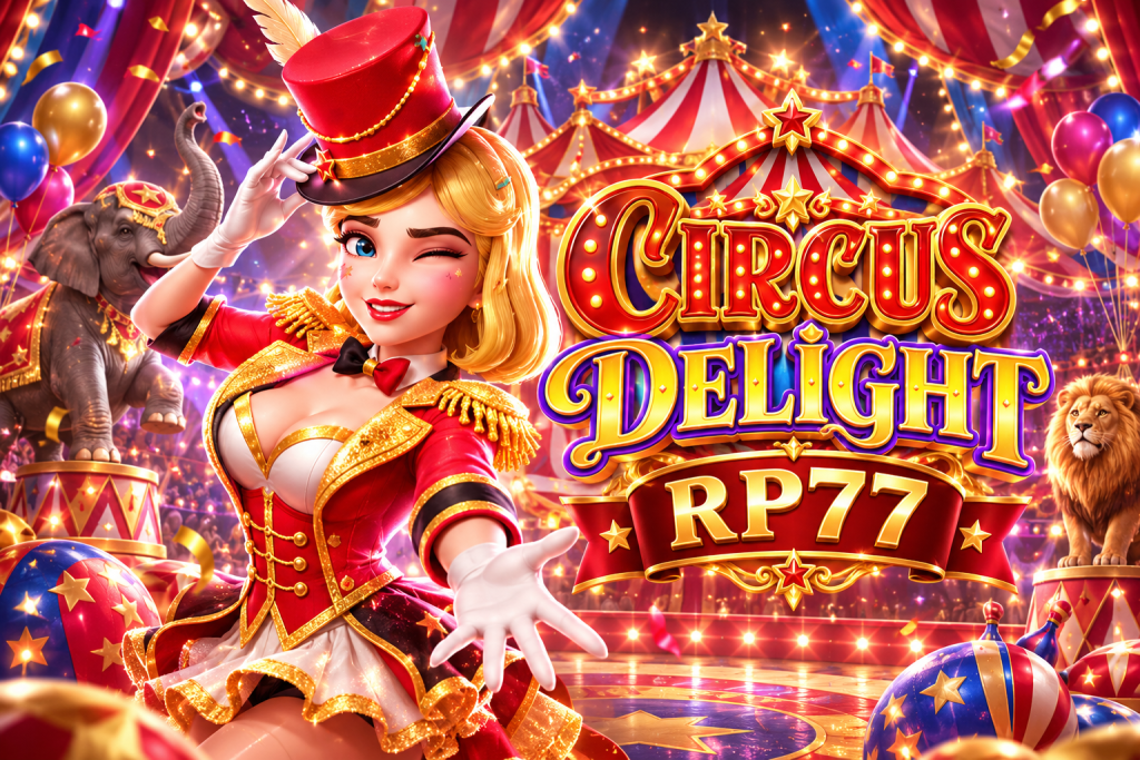 RP77 Circus Delight with a female ringmaster, elephant, lion, circus tents, balloons, and festive lights