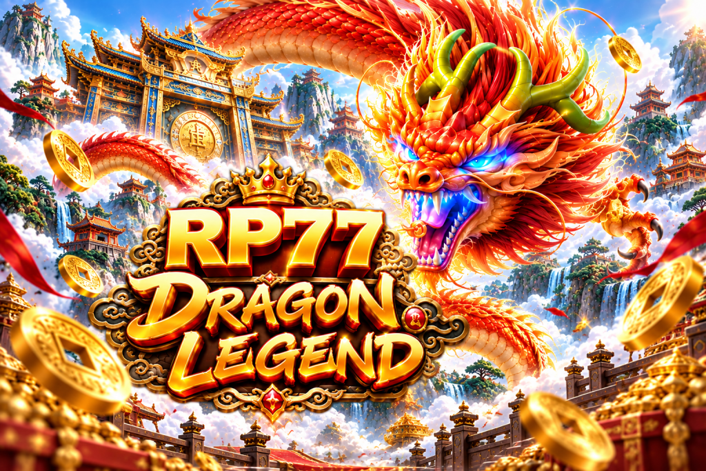 RP77 Dragon Legend with a fiery golden dragon, ancient temples, waterfalls, clouds, and flying gold coins