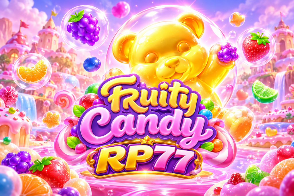 RP77 Fruity Candy dengan beruang emas, buah warna-warni, permen manis, gelembung, dan dunia fantasi