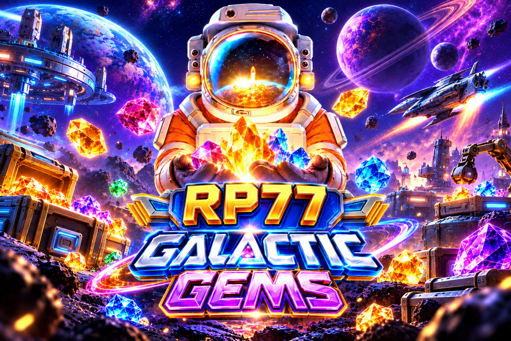 RP77 Galactic Gems dengan astronaut, kristal bercahaya, planet warna-warni, asteroid, dan latar luar angkasa