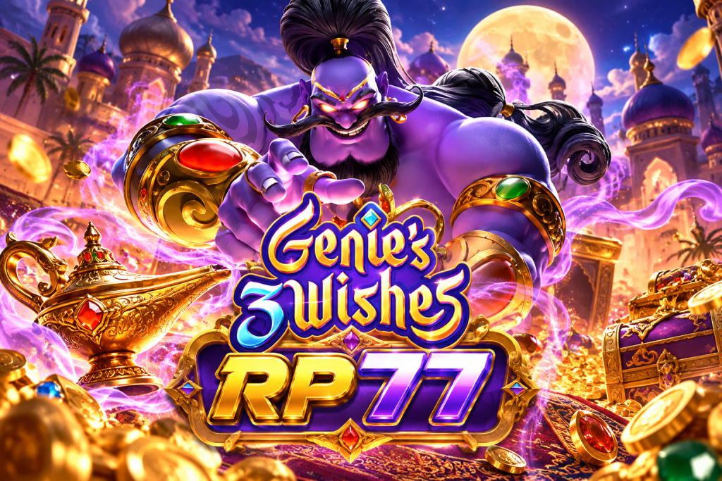 RP77 Genie’s Wishes dengan jin ungu, lampu ajaib, istana, dan harta berkilau