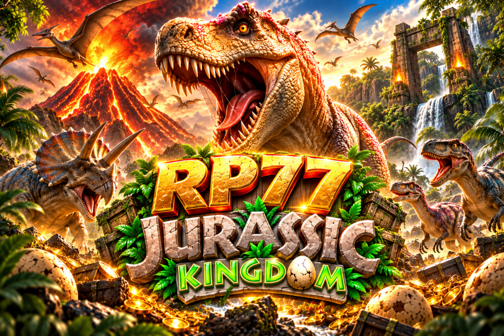 RP77 Jurassic Kingdom with a roaring T-Rex, erupting volcano, triceratops, raptors, dinosaur eggs, jungle ruins, and golden treasure