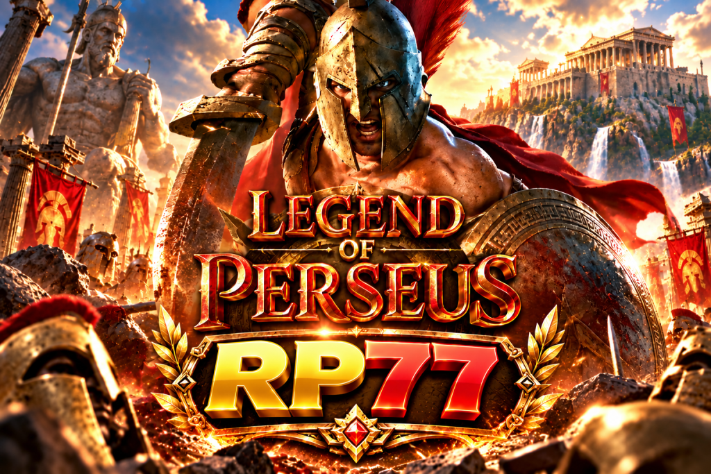 Game Legend of Perseus RP77 dengan prajurit Yunani, pedang, perisai, kuil kuno, dan medan pertempuran epik