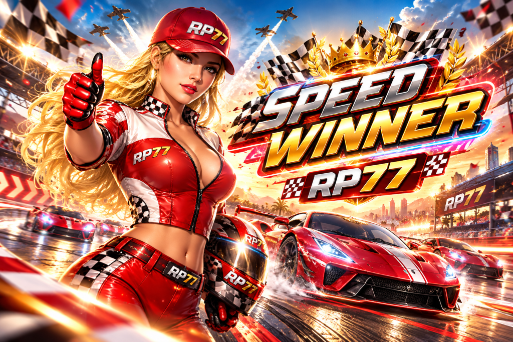 RP77 Speed Winner with a female racer, red sports cars, checkered flags, fighter jets, trophies, and a glowing racetrack