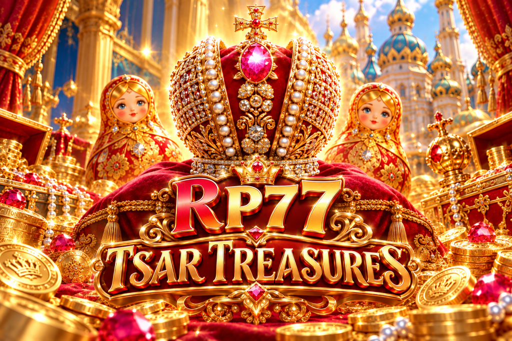 RP77 Tsar Treasures dengan mahkota kerajaan, permata merah, koin emas, dan boneka matryoshka
