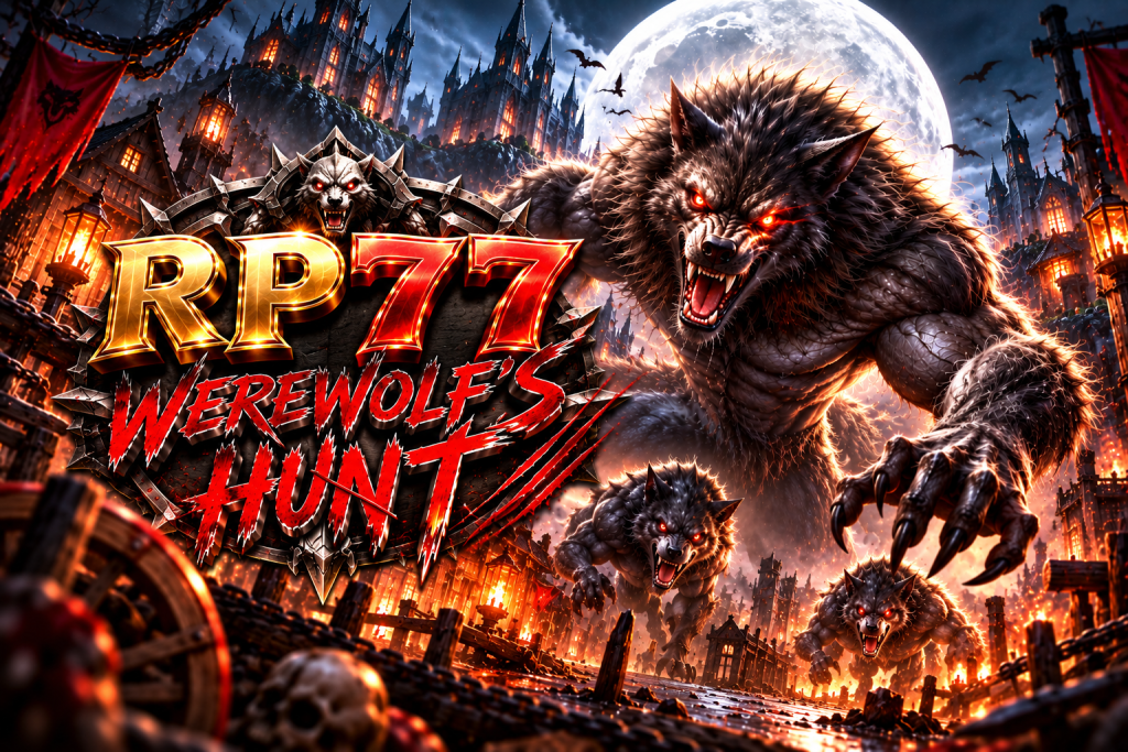 RP77 Werewolf's Hunt dengan manusia serigala raksasa, bulan purnama, kastil gotik, dan desa yang terbakar